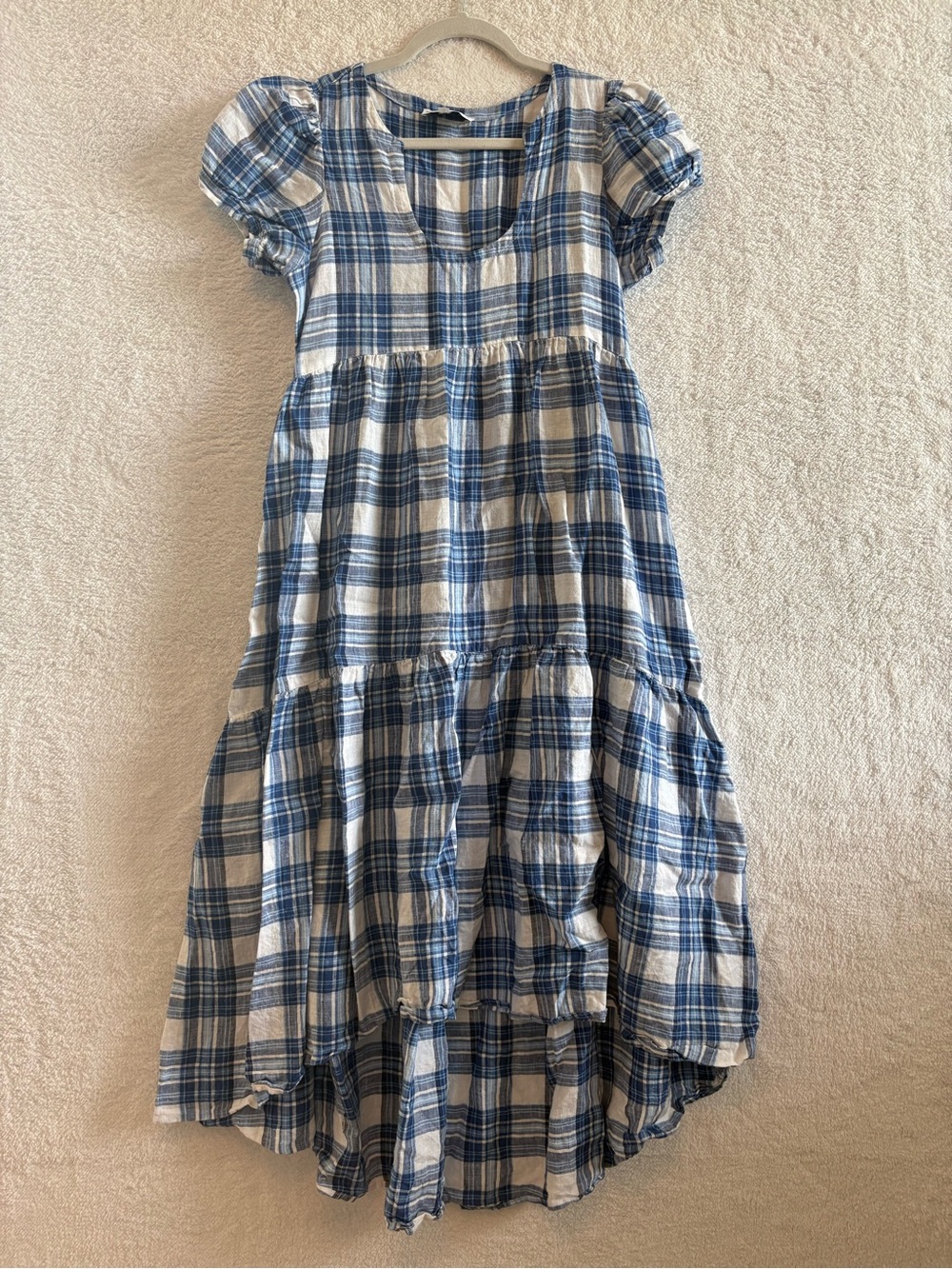 Never A Wallflower 100% Cotton Plaid High Low Hem Midi Dress Blue/White Sz Small